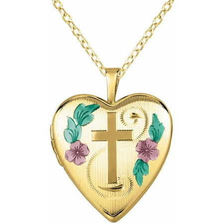 Yellow Gold-Plated Sterling Silver Heart-Shaped with Cross and Flowers Locket