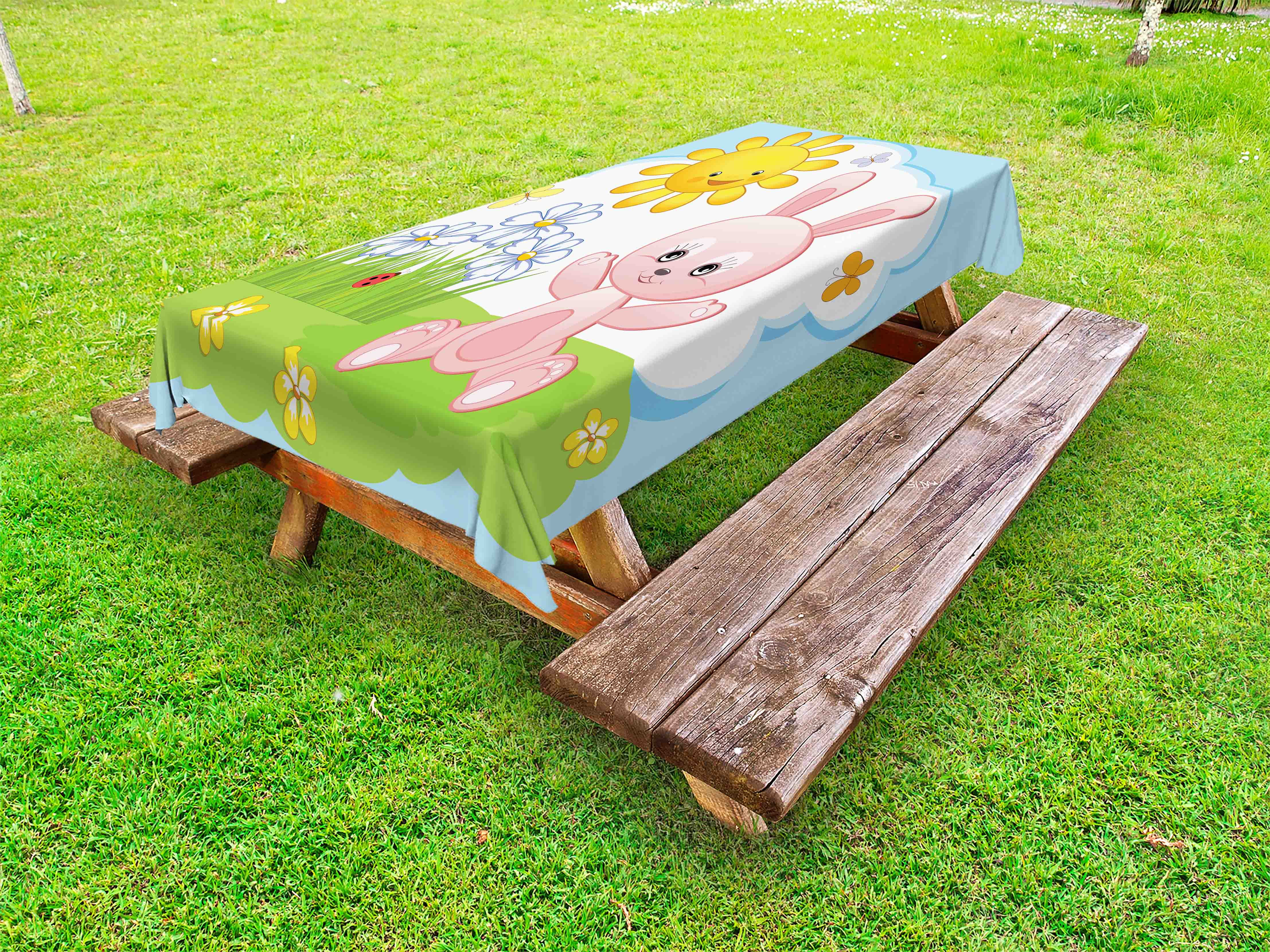 Children Outdoor Tablecloth, Cute Bunny Rabbit in Flower Garden with ...