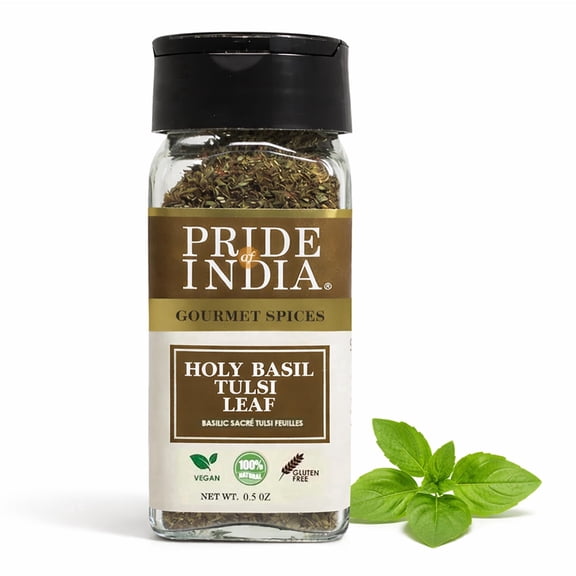 Pride of India – Sweet Holy Basil Leaf – Indian Tulsi Leaf Cut & Sifted – Gourmet Herb – Rich in Nutrients – Ocimum sanctum – GMO Free – Easy to Use – 0.5 oz. Small Dual Sifter Bottle