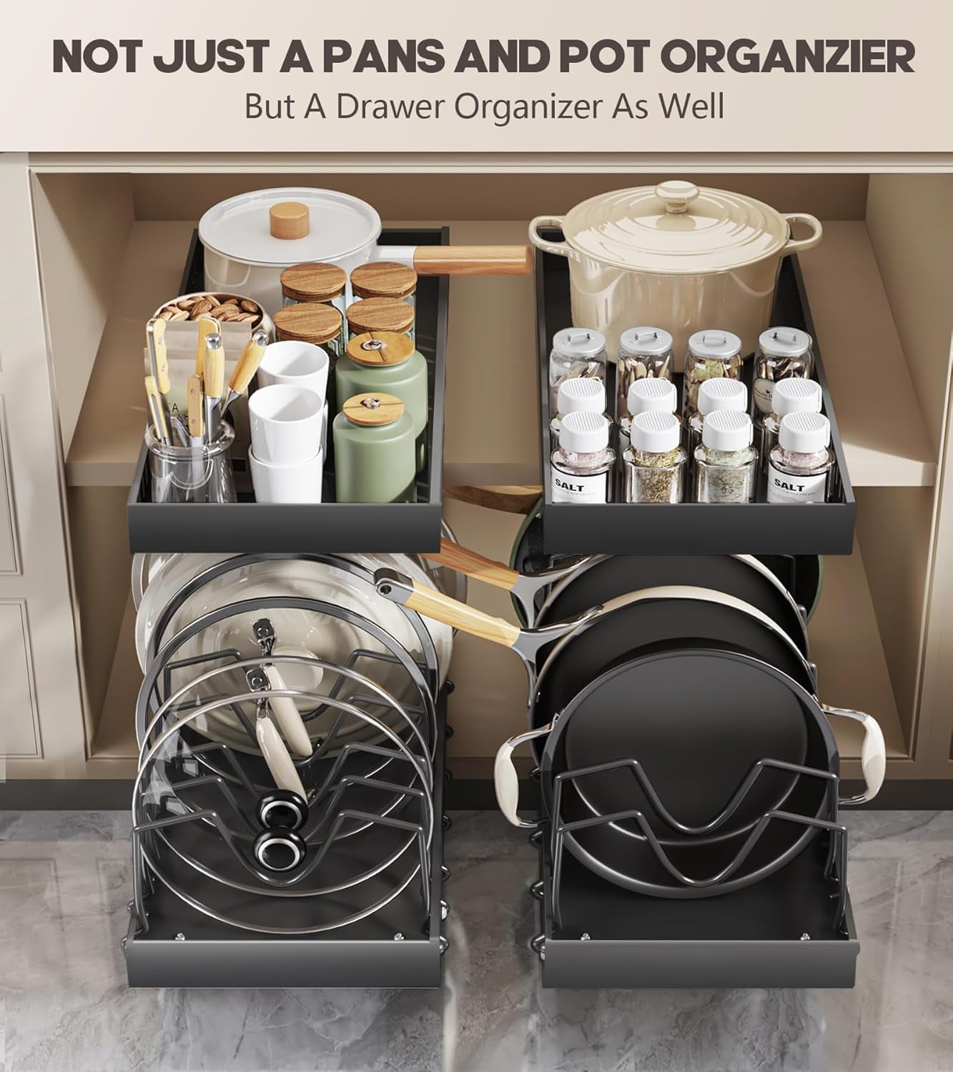 Pull-out Pots and Pans Organizer 2 Pack - Under Cabinet Pot Lid Holder for Kitchen - Bakeware & Dishes Storage Rack with Slide Rails, Black