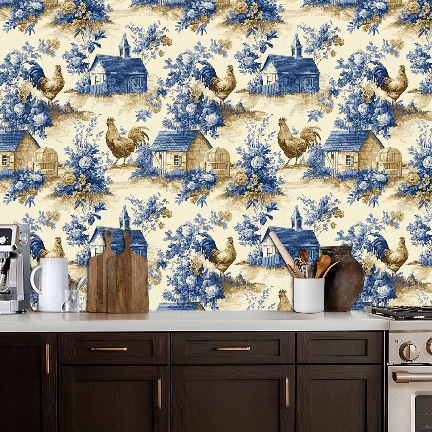 Peel and Stick Wallpaper 17.7in x 9.8ft Farmhouse Toile Roosters Cottages Blue Floral Motifs Contact Paper Vinyl Self-Adhesive Removable Wall Paper for Bedroom Kitchen Cabinet Renter Friendly