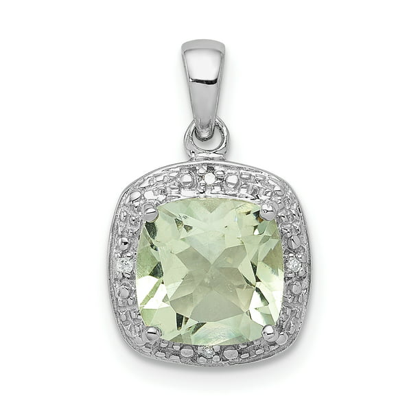 925 Sterling Silver Rhodium Green Quartz and Diamant Carré Pendentif en Forme de