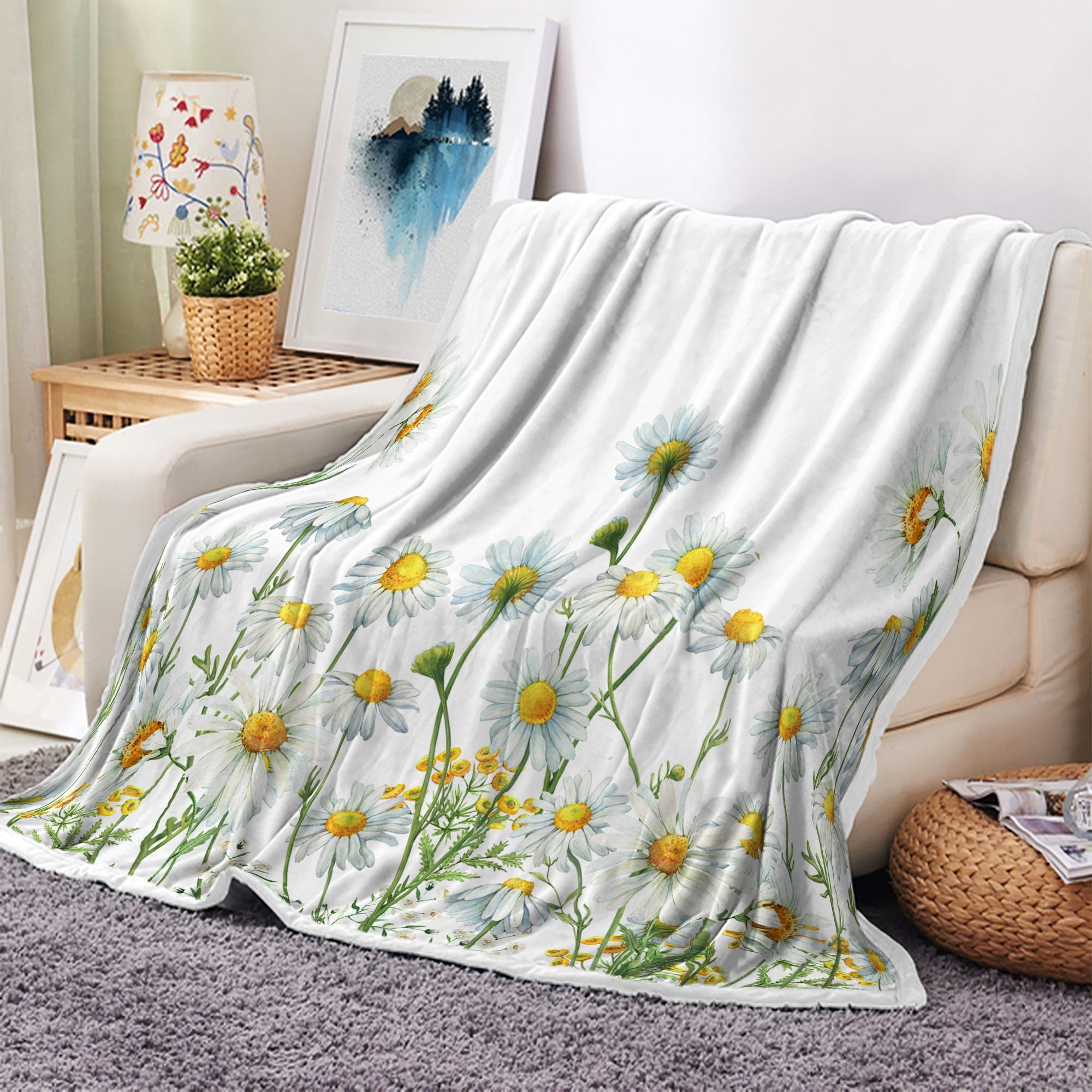 Daisy throw blanket, white floral fleece blanket spring plant weighted