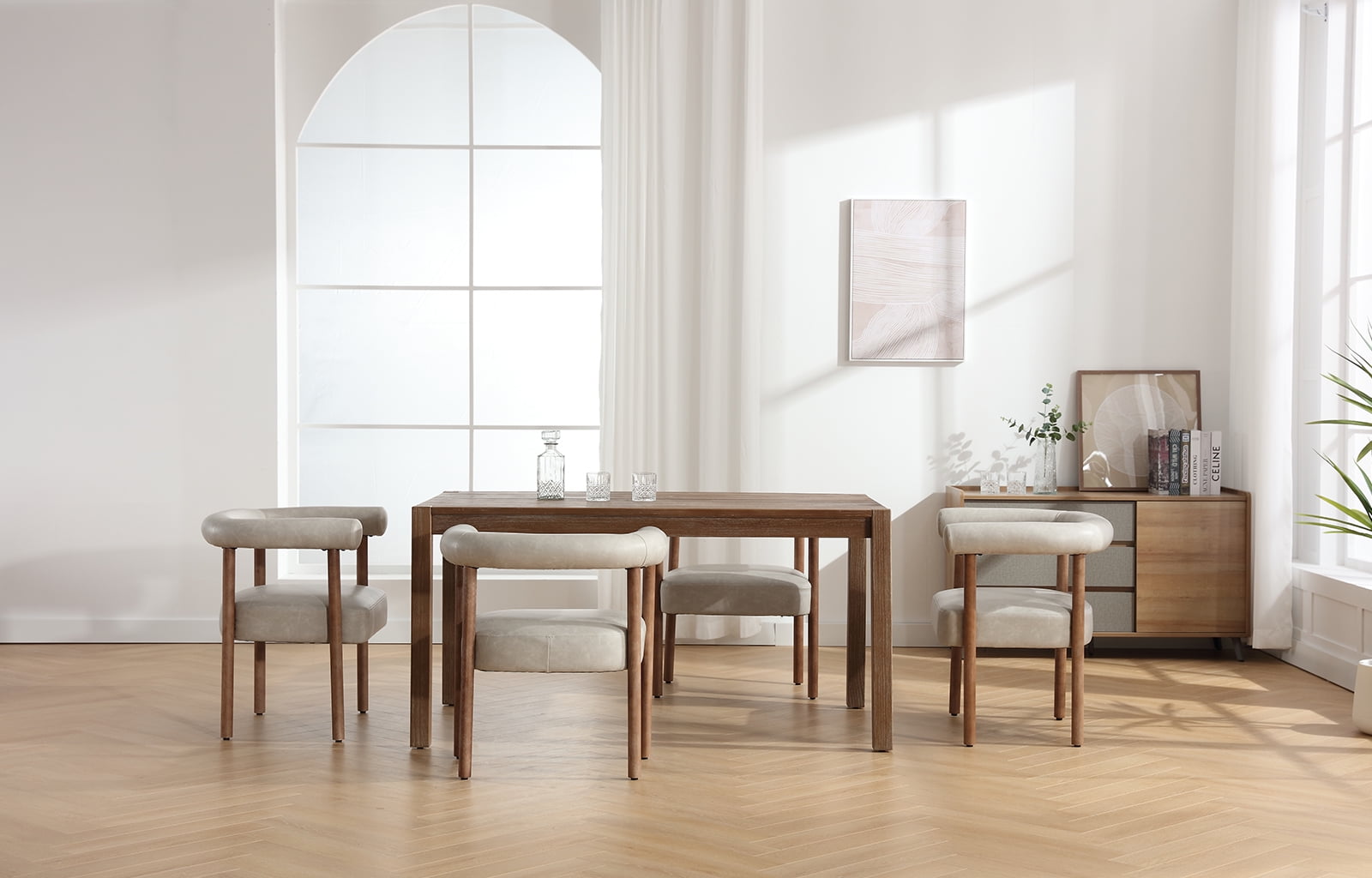 Guyou Modern Barrel Dining Chairs Set of 2, Mid-Century Farmhouse Kitchen Chairs with Curved Back, Wooden PU Upholstered Dining Side Chairs for Dining Room Living Room Kitchen, Light Grey