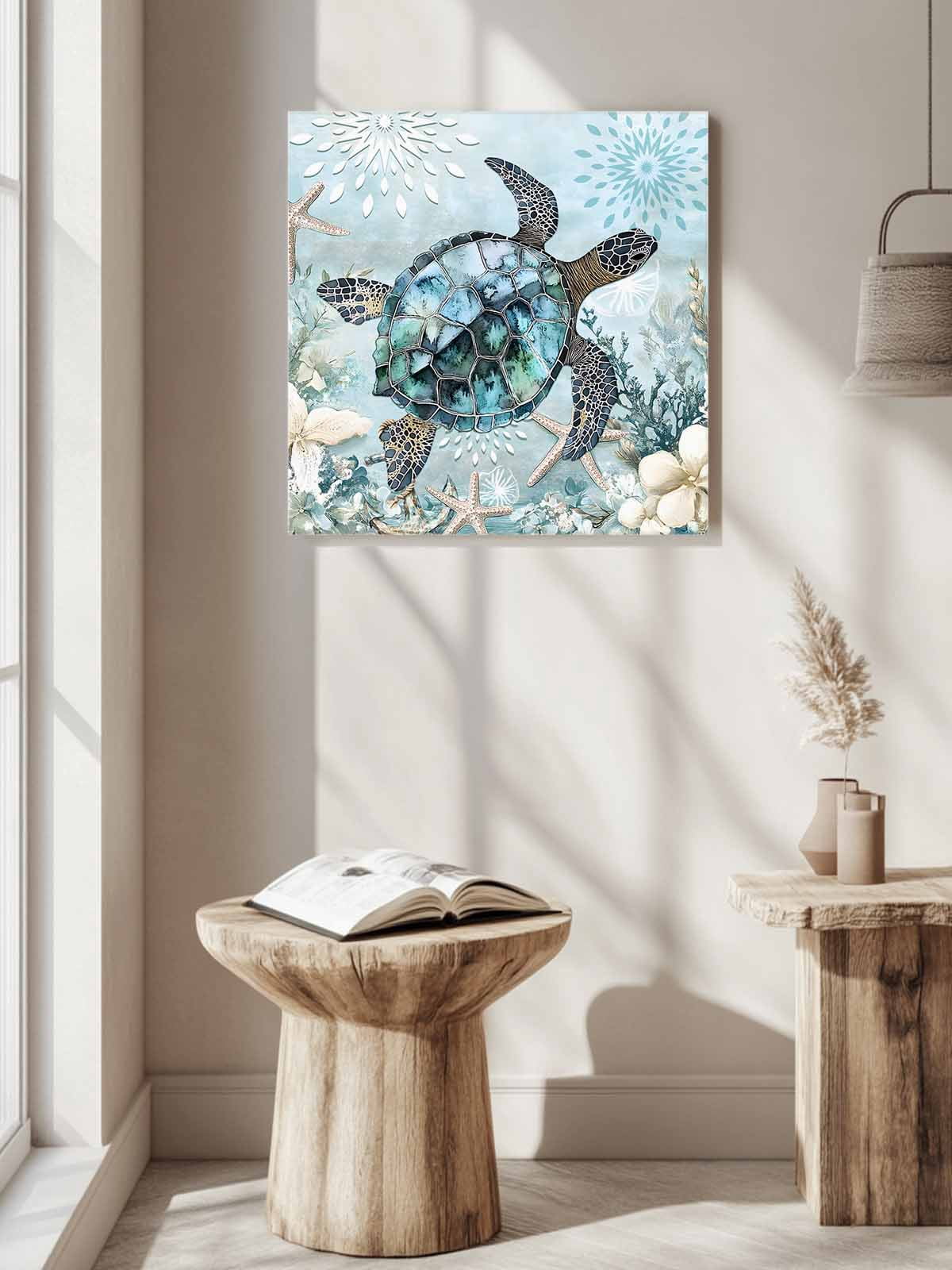 Ocean Turtle Canvas Wall Art, Marine Life Starfish Coral Retro Framed Wall Decor Modern Artwork Prints Painting for Living Room, Bedroom, Kitchen & Cafe Decor 16x16 Inch