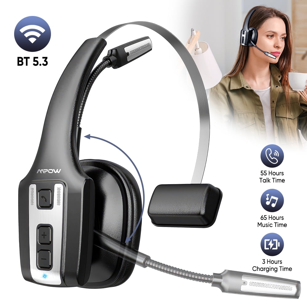 PEPWELL Trucker Bluetooth Headset, V5.3 Wireless Headset with Microphone,Dual ENC Noise Canceling, 60Hrs Working Time, Over Ear Bluetooth Headphone with Mute for Driver Office Call Center