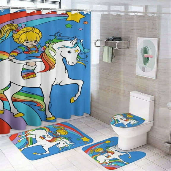Rainbow Brite 4 Piece Bathroom Shower Curtain Sets Non-Slip Rugs Bath Mat Toilet Lid Cover U Shaped Mat for Bathroom Decor Set 72" X 72"