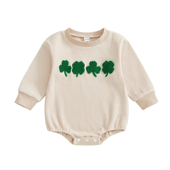 St Patricks Day Baby Boy Outfit Waffle Shamrock Onesie Sweatshirt Bubble Romper Top Spring Clothes