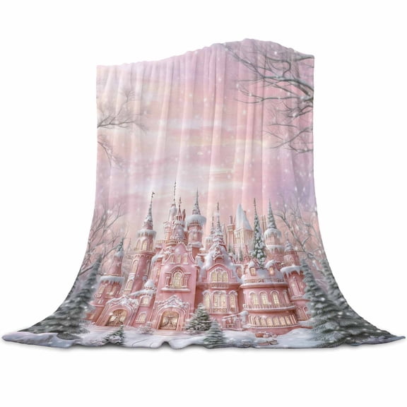 Christmas Flannel Blanket for Bed,Travel and Camping, Snow Scene Pink Town Pine Tree Snowflakes Super Soft Cozy Blanket for All Seasons 30"x40"