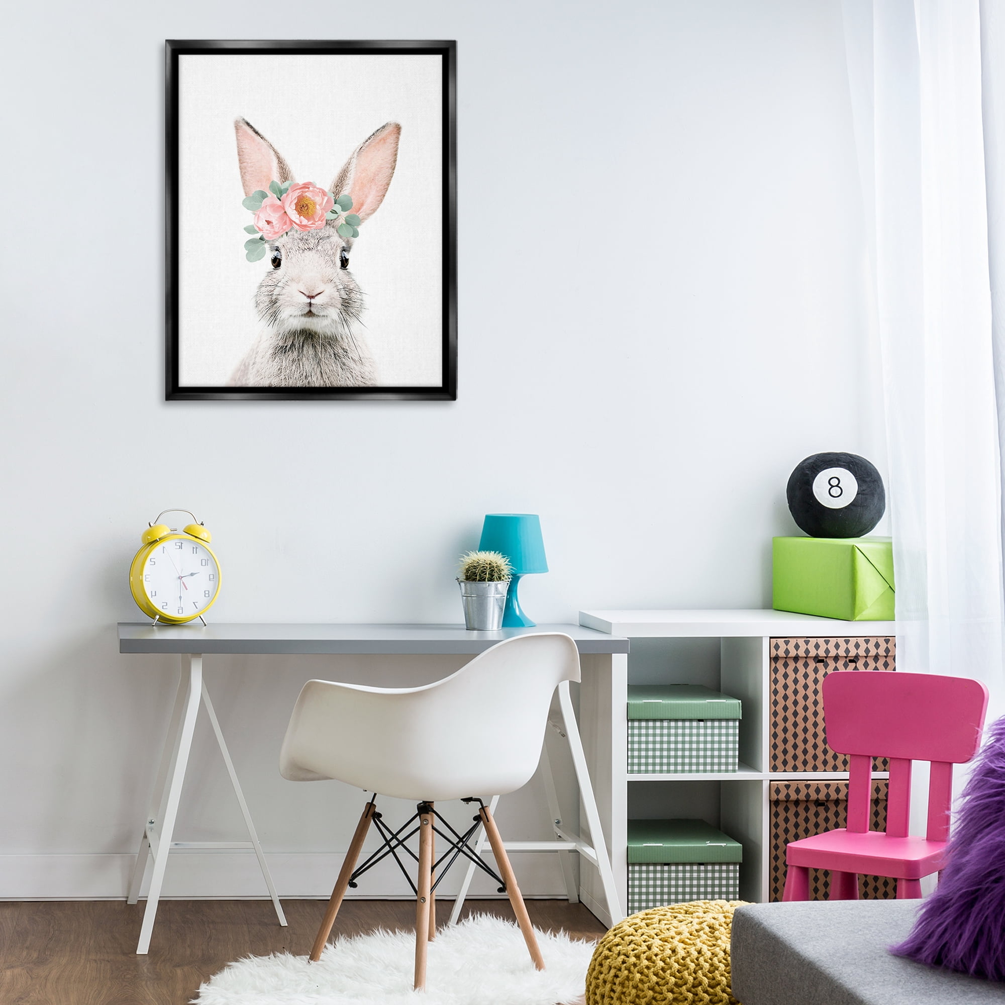 Stupell Industries Pink Flower Bunny Animals Painting Black Floater Framed Canvas Art Print Wall Art, 25 x 31