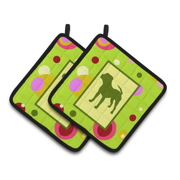 Carolines Treasures CK1153PTHD Lime Green Dots Pit Bull Pair of Pot Holders , 7.5HX7.5W, multicolor