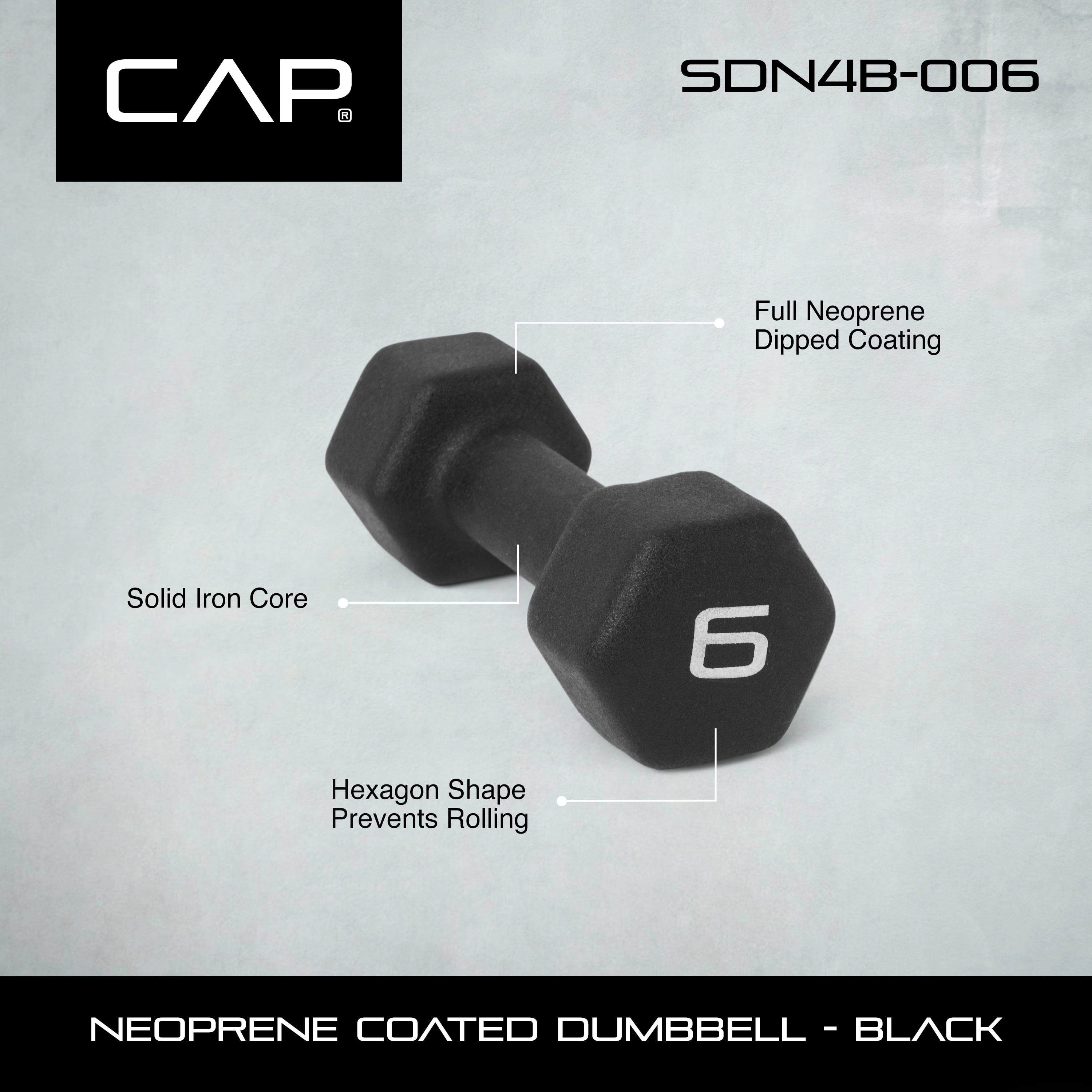 CAP Barbell, 6lb Black Neoprene Dumbbell, Single