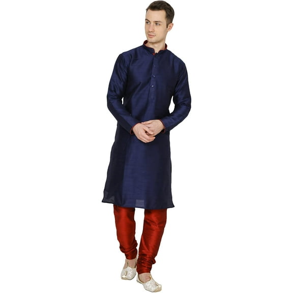 Royal Kurta Men's Dupion Silk Contrast Piping Kurta Churidar Blue