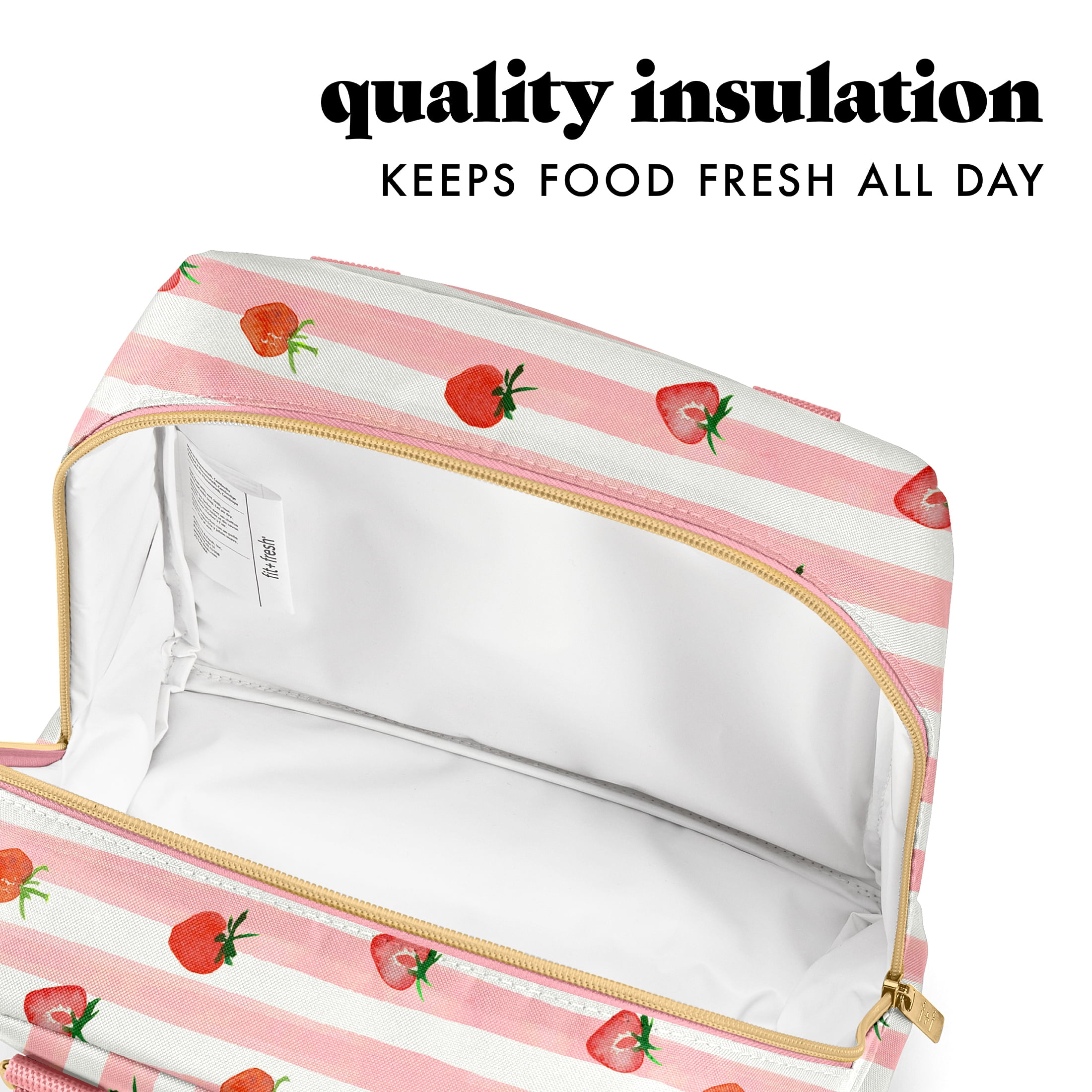 Fit & Fresh Minneola Lunch Bag for Women, Cute Pink Strawberry Stripe
