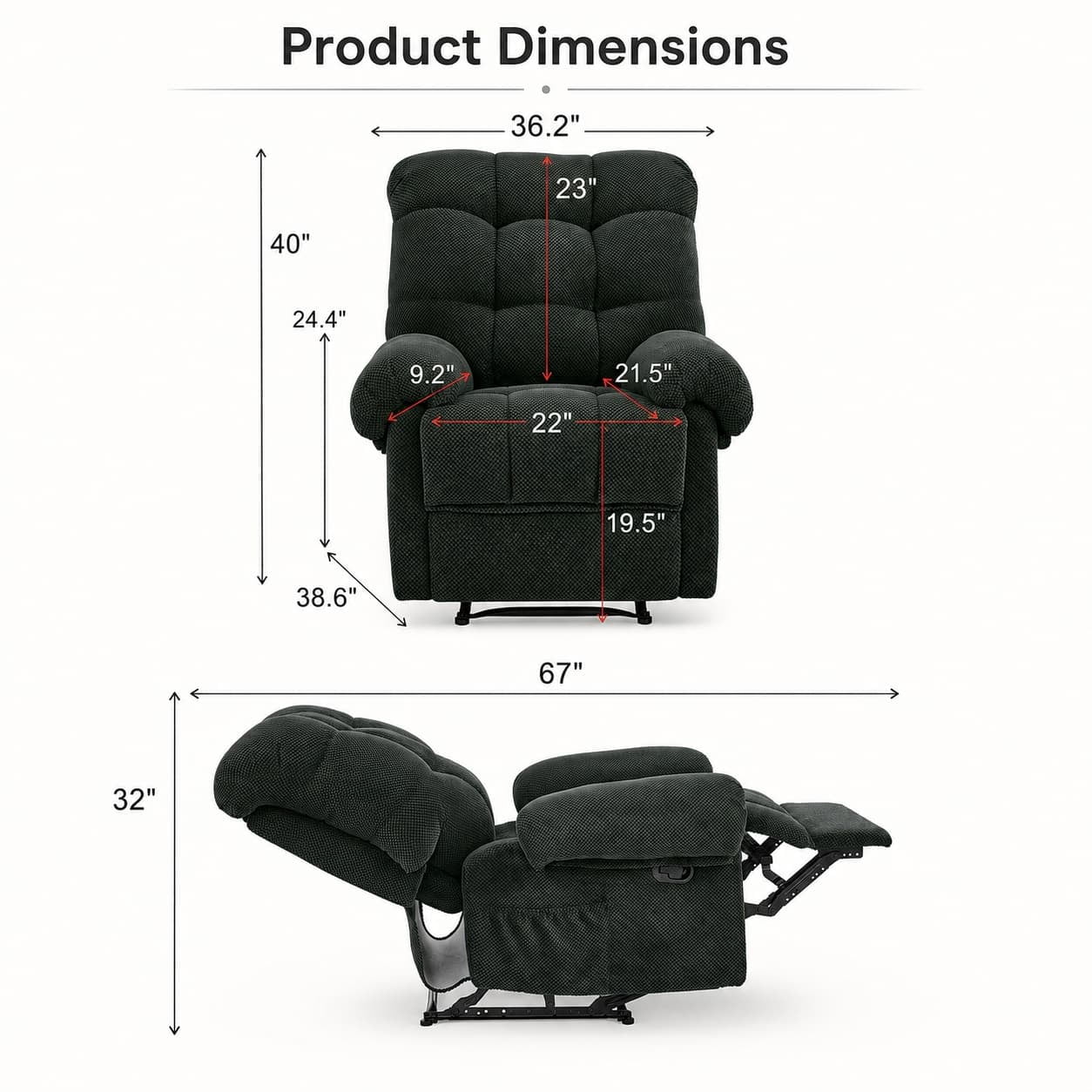 Aukfa Overstuffed Manual Recliner Chair, Upholstered Glider Lounge Armchair with Footrest for Bedroom Reading,Gray