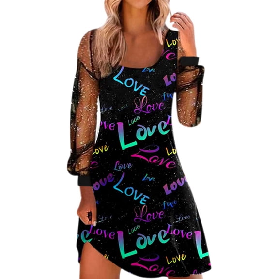 Likimi Womens Short Dresses Valentine'S Day Printed Square Neckline Casual Mesh Long Sleeve Spring Summer Dress Blue Size L