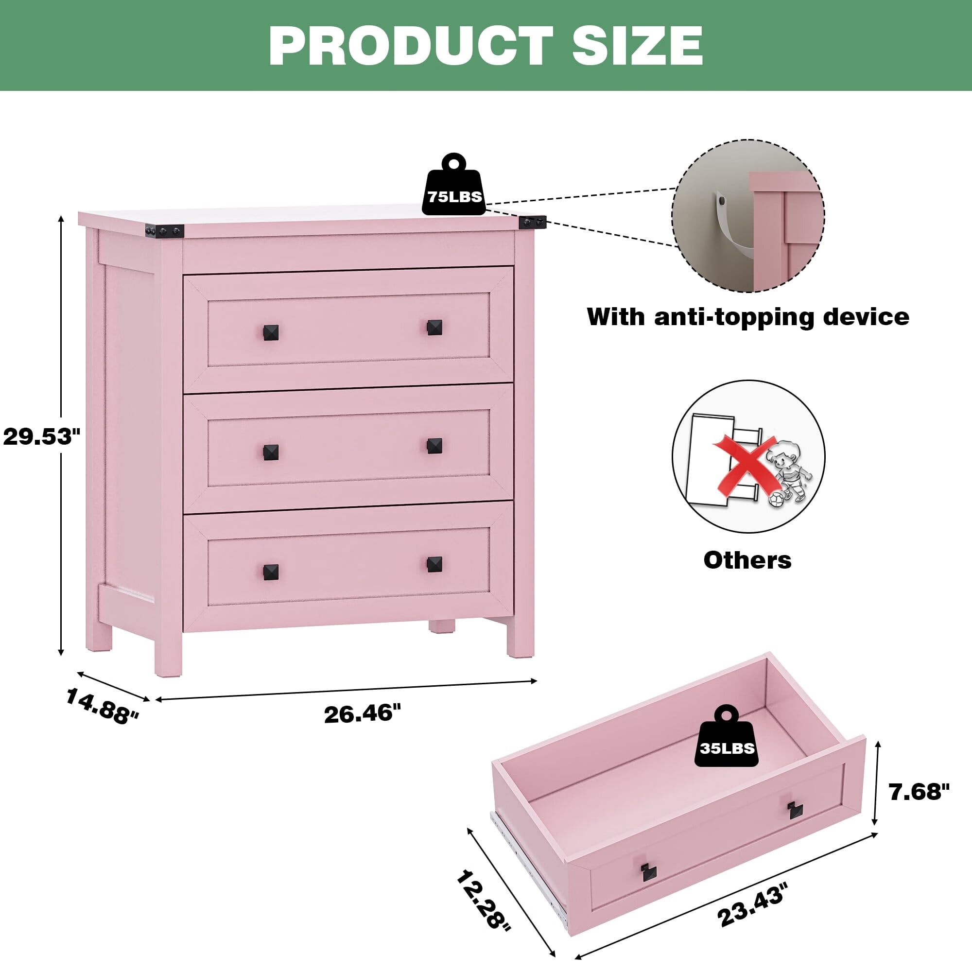 FANRAL Nightstand Set of 2,3 Large Drawer,29.5" Tall Night Stand,27.5" Wide Side Table,Wood Bedside Table Modern End Table,Small Wide Dresser for Bedroom,Pink Nightstand
