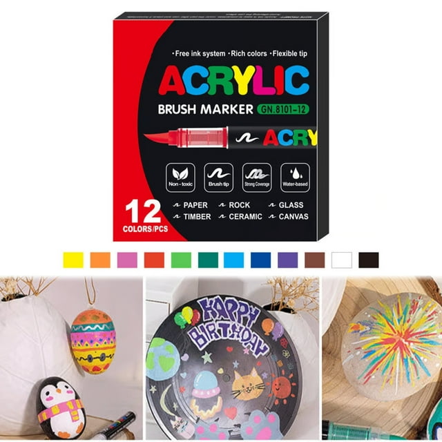 IMENGL Acrylic Paint Pens Soft Brush Tip Acrylic Paint Pens Acrylic Pens For Canvas Rock Painting Wood Stone Glass Ceramic Fabric Painting DIY Crafts 2.5ml*12 Coloring Books for Kids,Crayons for Tod