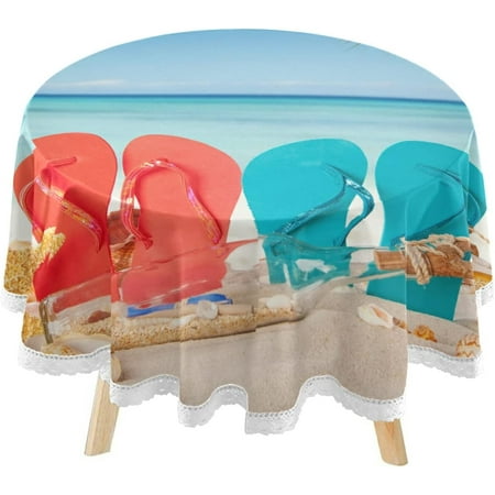 

Hyjoy Summer Flipflops Round Tablecloth 60inch Indoor Wrinkle Free Sandy Beach Blur Sea Circular Lace Table Cover Washable for Kitchen Party BBQ Dining Decor