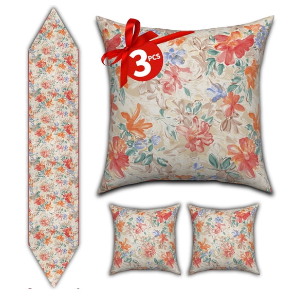 Floral Table Runner 13x72 Inch & 2pcs Pillow Covers 18x18 inches Double-Sided Throw Pillow Case Home Decor