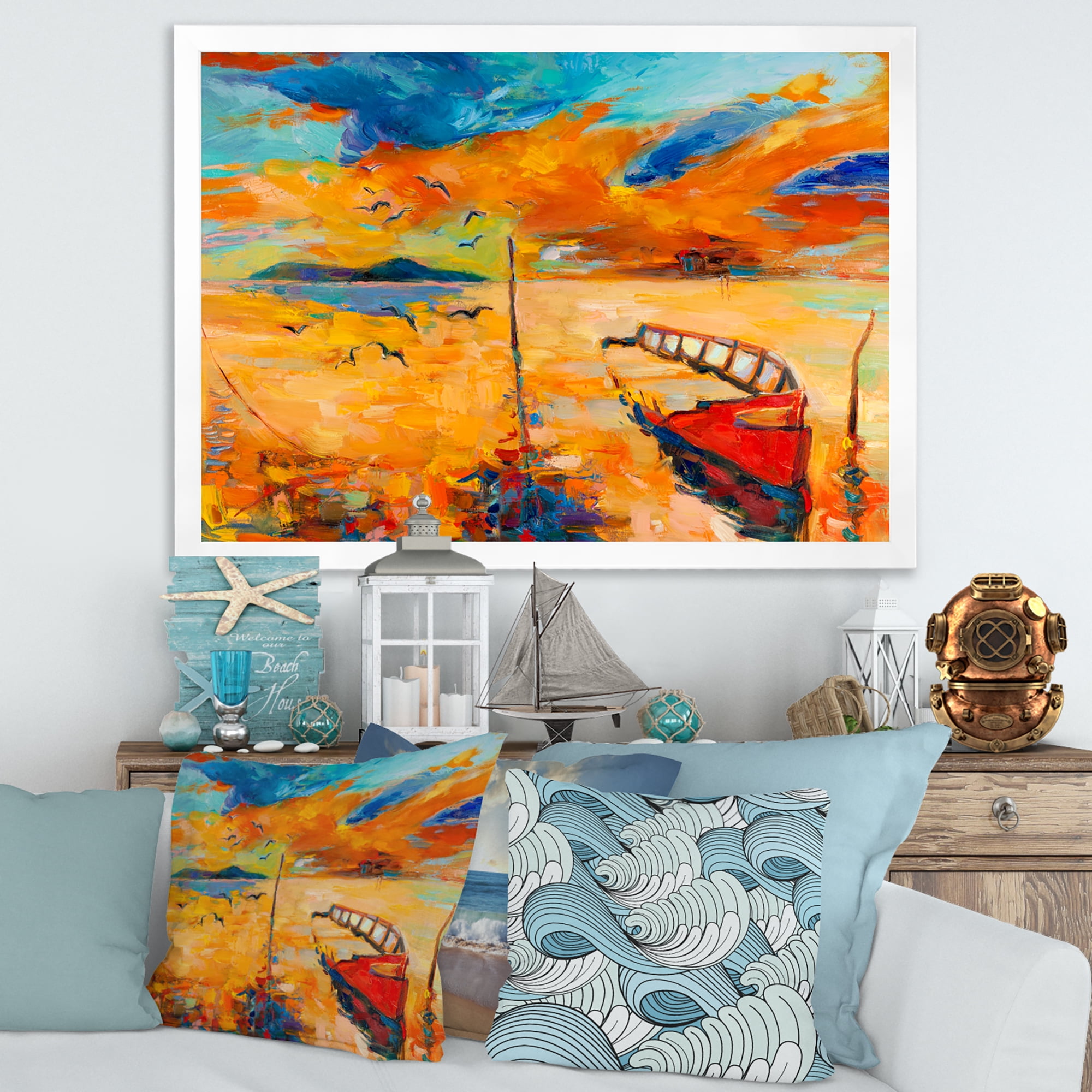 Boat At The Lake During Evening Glow VIII 32 in x 24 in Framed Painting Canvas Art Print, by Designart