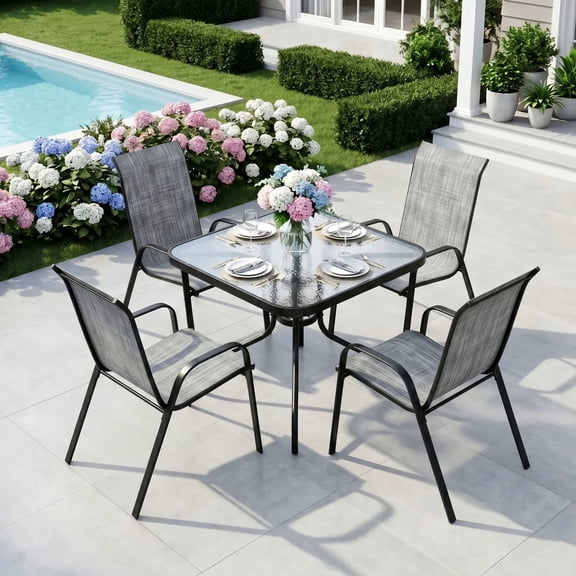 Pirecart 5-Piece Outdoor Patio Dining Table Set with 4 Stackable Textilene Chairs for for Patio, Lawn, Garden, Gray