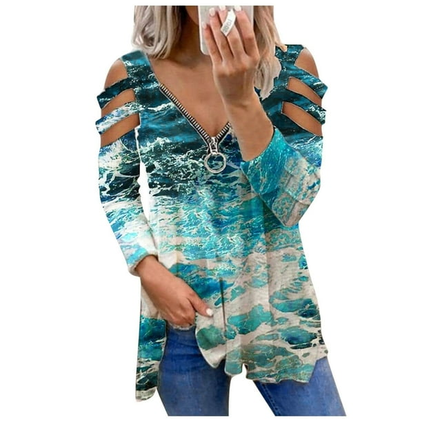 Blusa de manga larga de verano para mujer con cuello y cremallera de leopardo ahuecado Fridja hj474