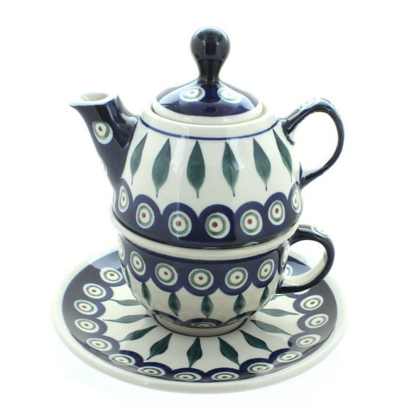 Blue Rose Polish Pottery Peacock Individual Teapot & Cup