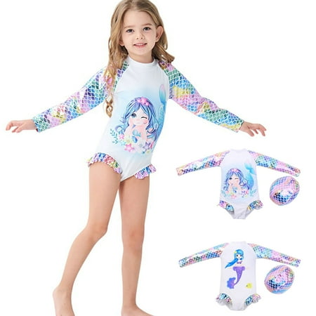 

GYRATEDREAM Kids Girls Mermaid Rashguard Swimsuit UV 50+ Long Sleeve One Piece Swimwear with Swimming Cap 3-9 Years