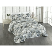 Ambesonne Geometric Quilted Bedspread Set 3 Pcs, Flowers Classic Grunge, Twin, Slate Brown Pale Grey