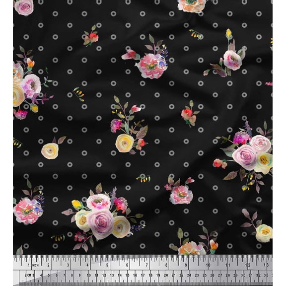 Soimoi Black Cotton Duck Fabric Leaves,Small Circle & Floral Decor Fabric Printed BTY 42 Inch Wide