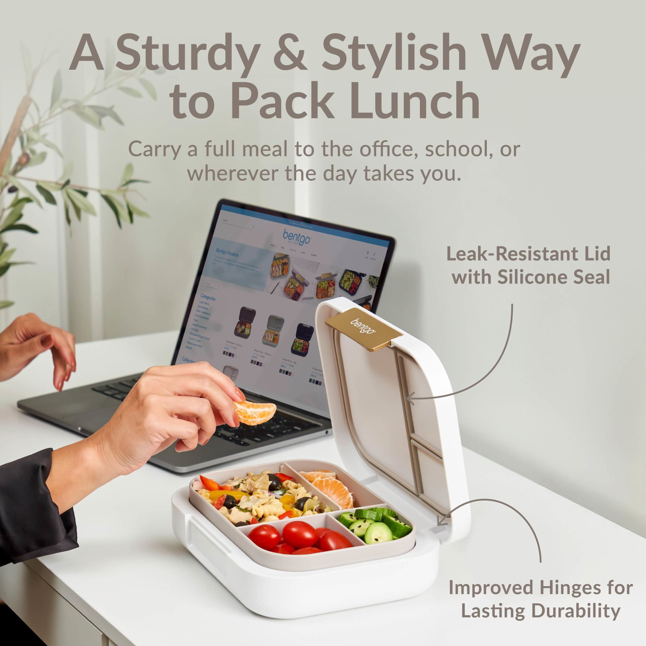 Bentgo Modern - Adult & Teen Bento Lunch Box; 3-4 Compartments, Leak-Resistant, 5.5 Cup Capacity/44 fl oz, Improved Locking Clips, Reusable, BPA-Free, Dishwasher/Microwave Safe Tray (White)