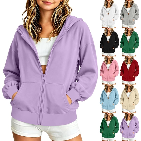 Kids Girls Casual Oversized Zip‑Front Hoodie Jacket, Soft Long‑Sleeve Hooded Sweatshirt With Pockets, Basic Solid Outerwear
