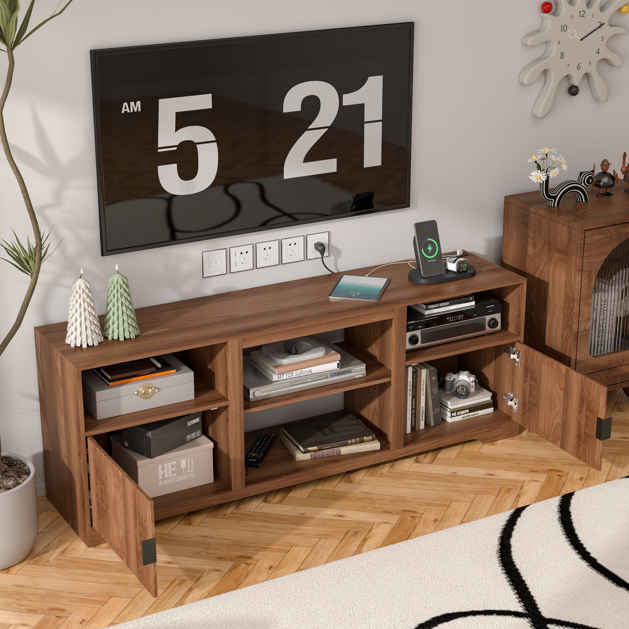 Lisicues TV Stand for TVs up to 80", 68" Media Console Cabinet with Storage Shelves & Cord Holes, Mid-Century Modern Entertainment Center for Living Room, Bedroom