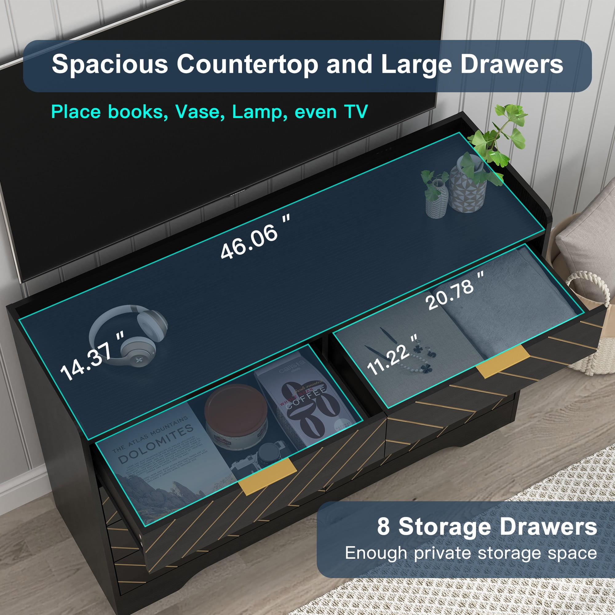 Finihen Modern 8 Drawer Dresser, Wood Chest of Drawers Storage Organizer with Metal Gold Handles for Bedroom, Living Room, Hallway, Entryway, Black Finihen Modern 8 Drawer Dresser, Wood Chest of Drawers Storage Organizer with Metal Gold Handles for Bedroom, Living Room, Hallway, Entryway, Black