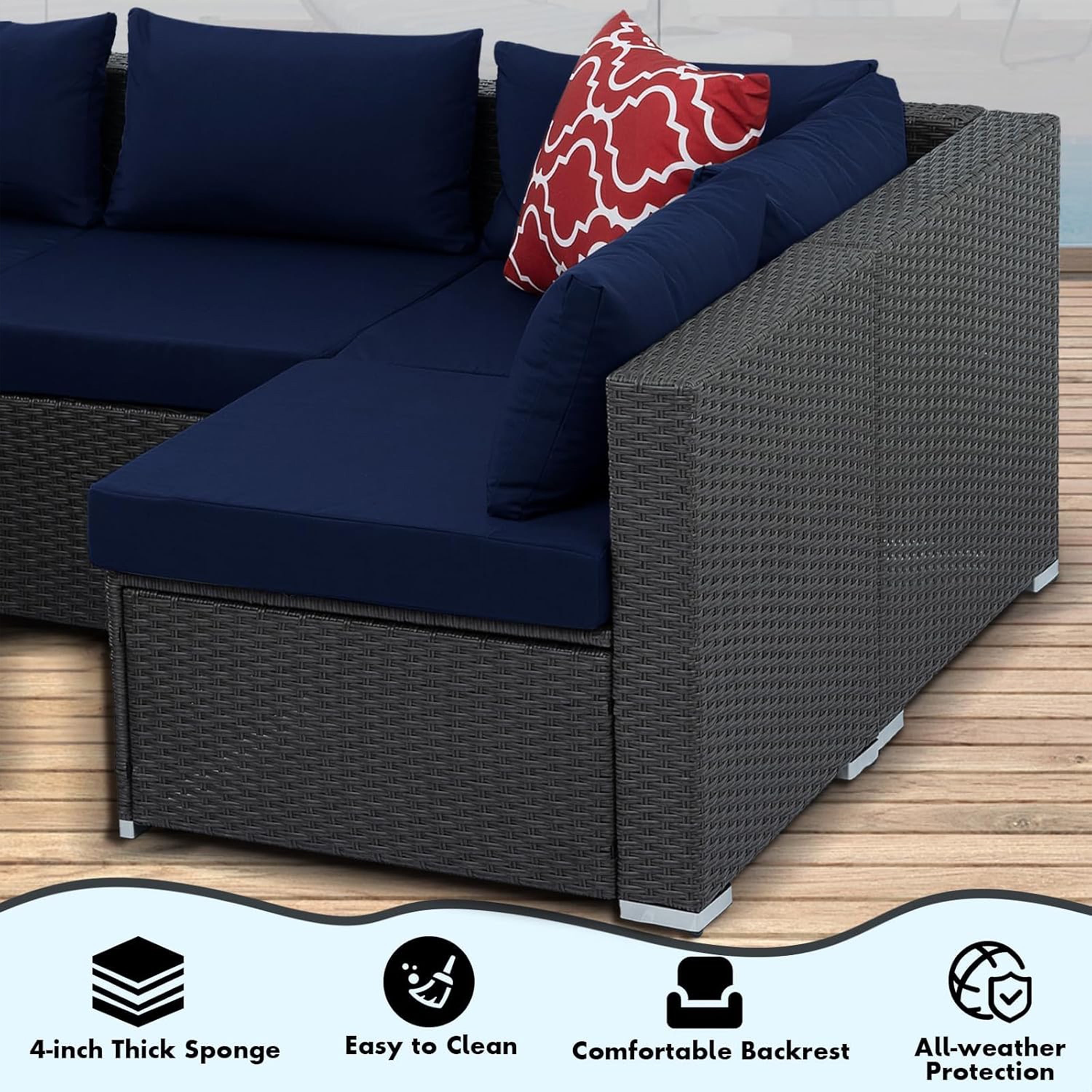 Furnibear 7 Pieces Outdoor Patio Sectional Sofa Couch, Black Wicker Patio Furniture Conversation Sets with Washable Cushions & Glass Coffee Table for Garden, Poolside, Backyard