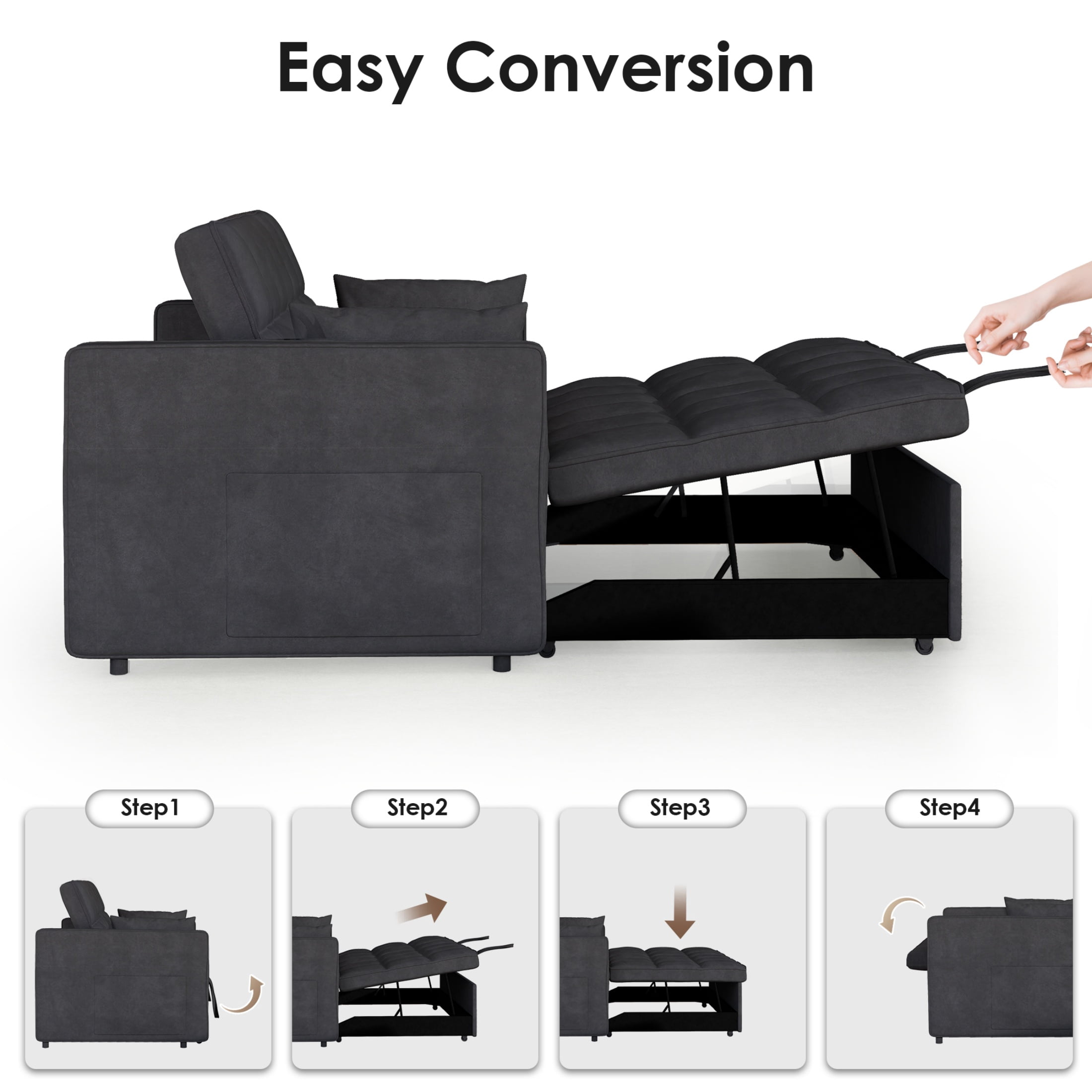 Vinform 55" 3 in 1 Convertible Sleeper Sofa Bed, Pull Out Loveseat Couch with Storage Pocket, Black(Thick Sponge)