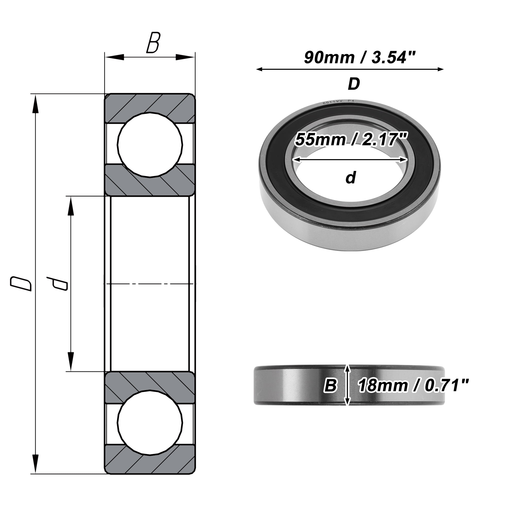 Unique Bargains 6011VV Deep Groove Ball Bearings 55x90x18mm P4 Double Rubber Seal Lubricated Bearings 1 Pcs Car Silver Tone,Black