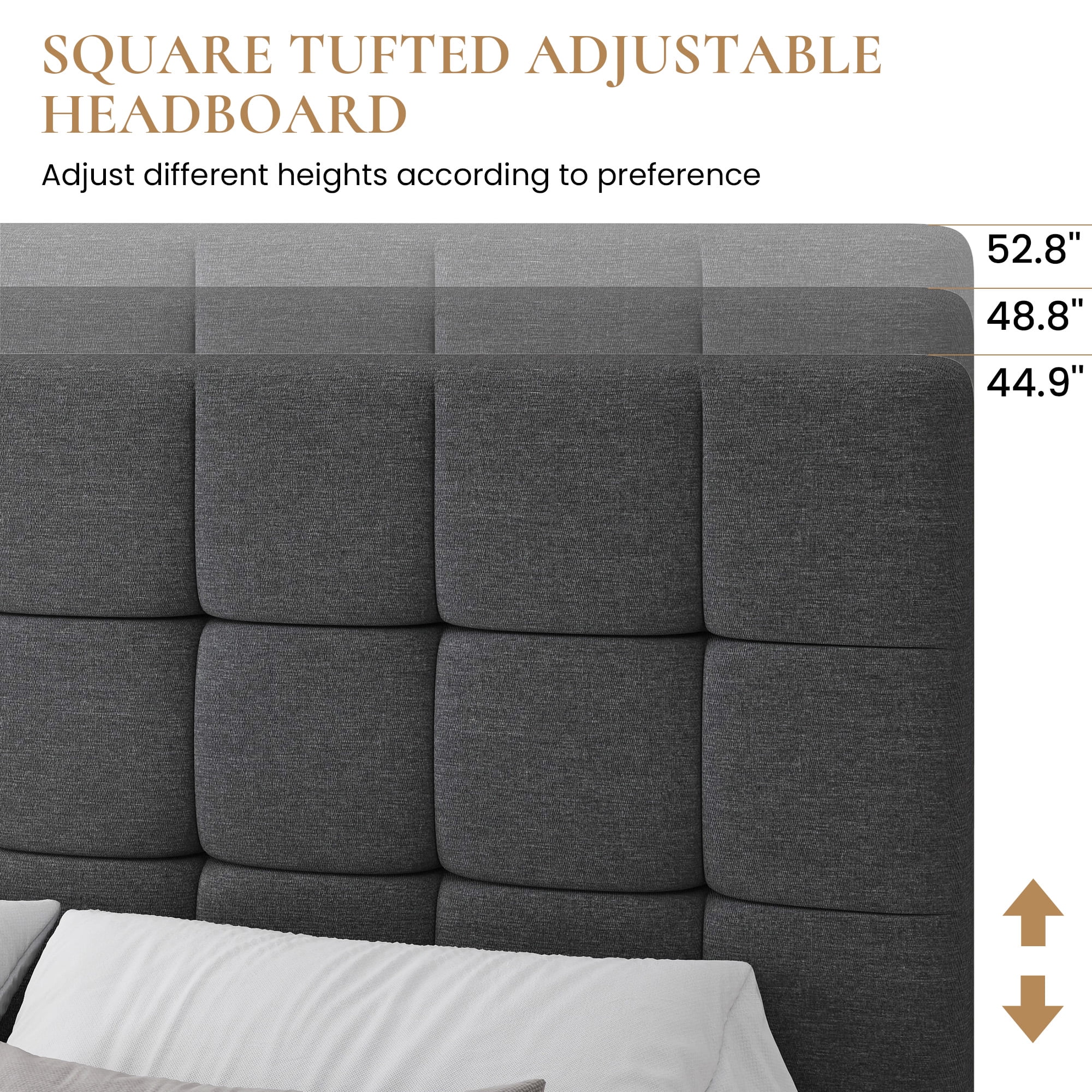 SHA CERLIN Grey Queen Size Panel Platform Bed Frame with Adjustable Fabric Upholstered Headboard, Adult