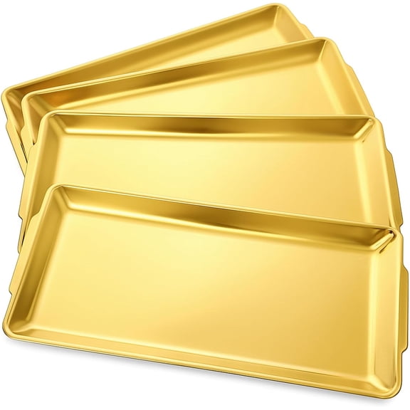 4 Pcs 304 Stainless Steel Large Serving Trays, Gold Rectangular Plates, Gold Serving Platter with Handle, for BBQ, Kitchen, Party, Buffet, Appetizer, Wedding, Dessert