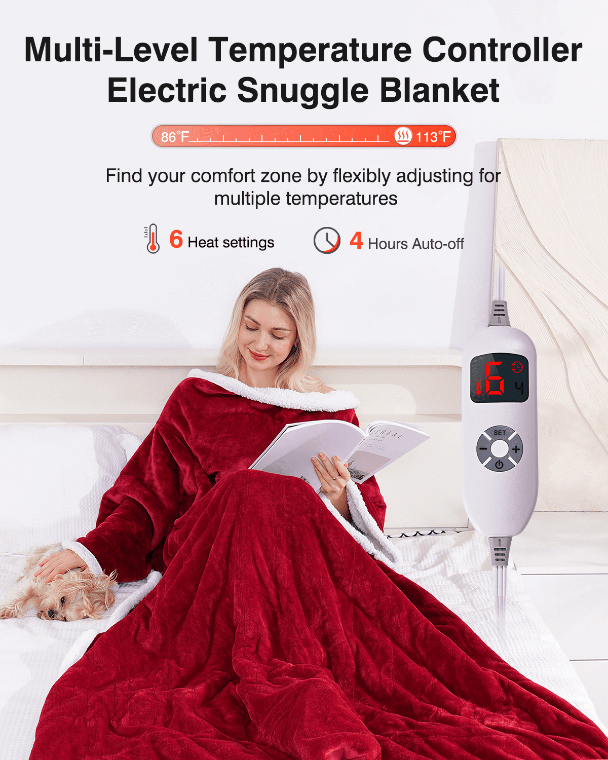 Ocuuziisu Wearable Heated Throw Blanket with Pockets, 50" x 70" Flannel and Sherpa Electric Wrap Poncho Shawl, 4-Hour Auto Shut Off, Machine Washable, Red