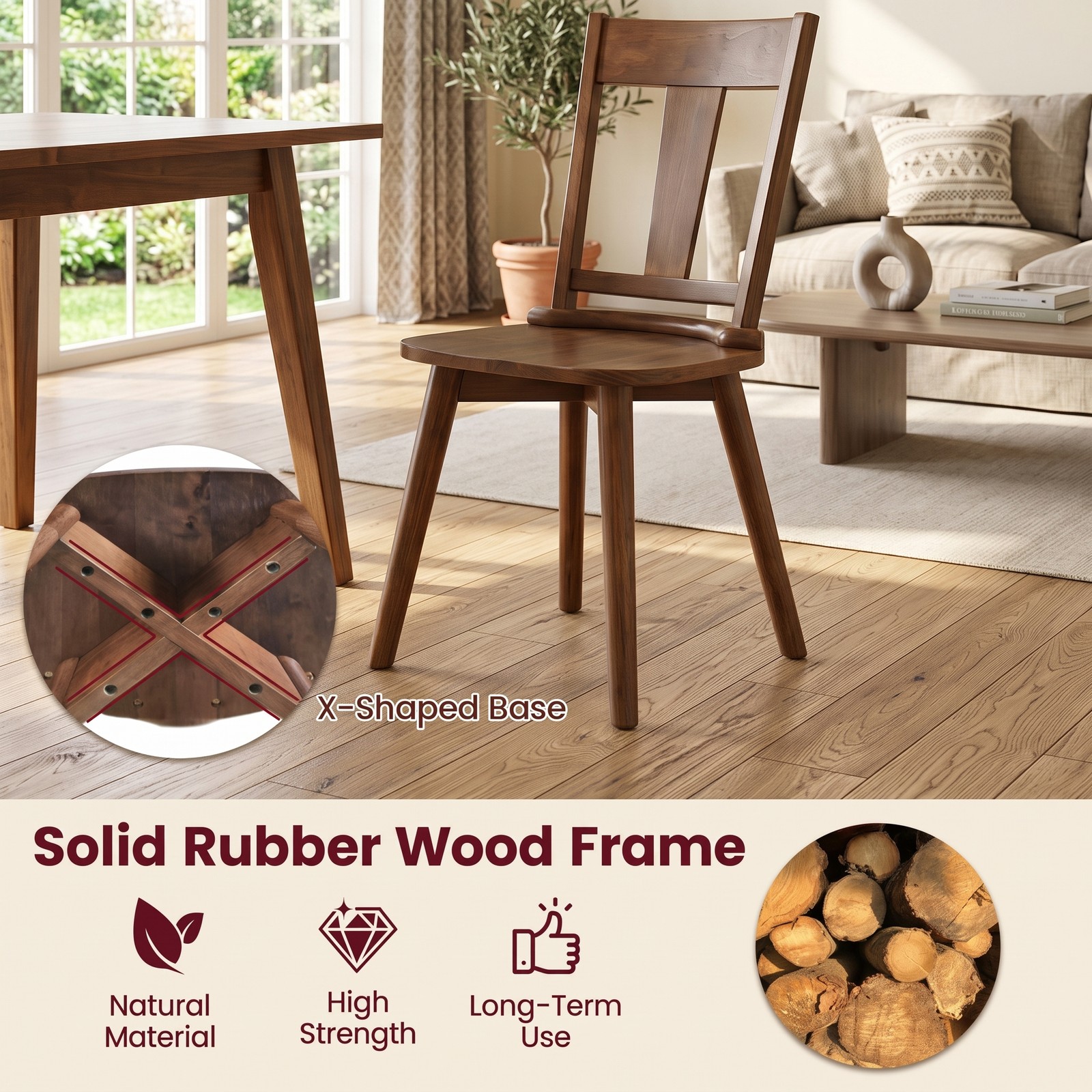 Furnibear Dining Chairs Set of 2 with Solid Rubber Wood Backrest, Ergonomic Slatted Kitchen Dining Room Side Chairs with X-Shaped Base, 400 lbs Capacity, Walnut