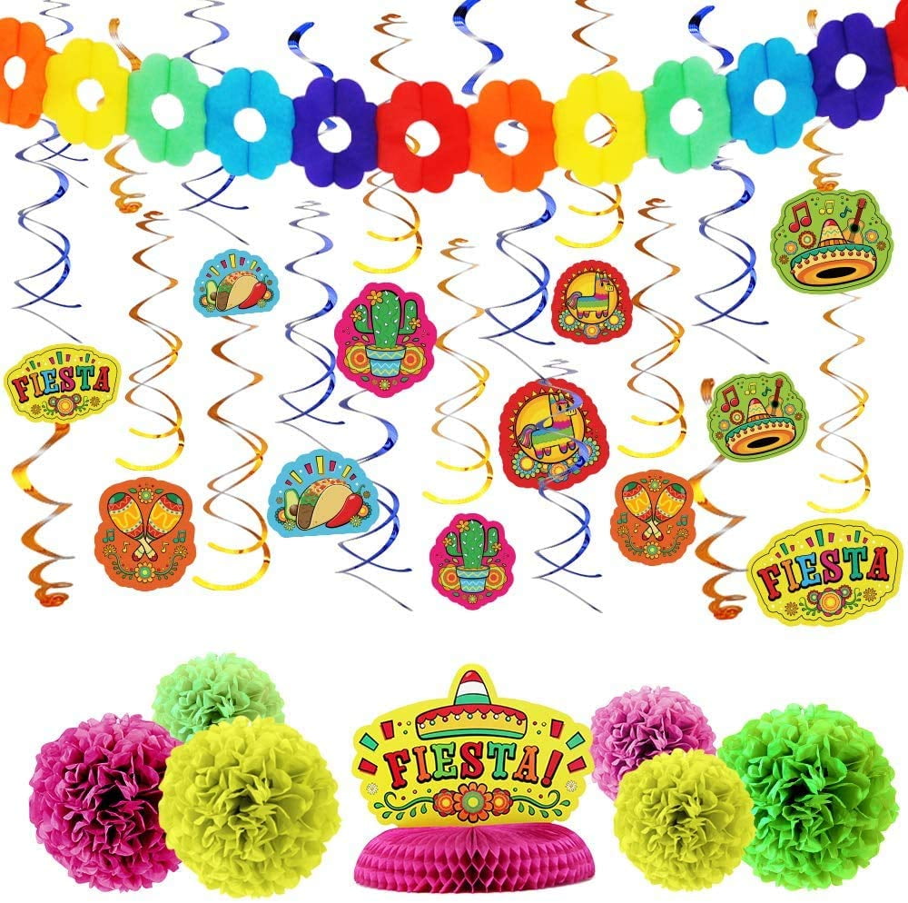 28 PCs Cinco De Mayo Fiesta Hanging Swirls Mega Pack with Strings Honeycomb Table Centerpiece Mexican Sombrero Taco Supplies Décor Tissue Pom Paper Flowers & Backdrop Banner for Party Decoration 