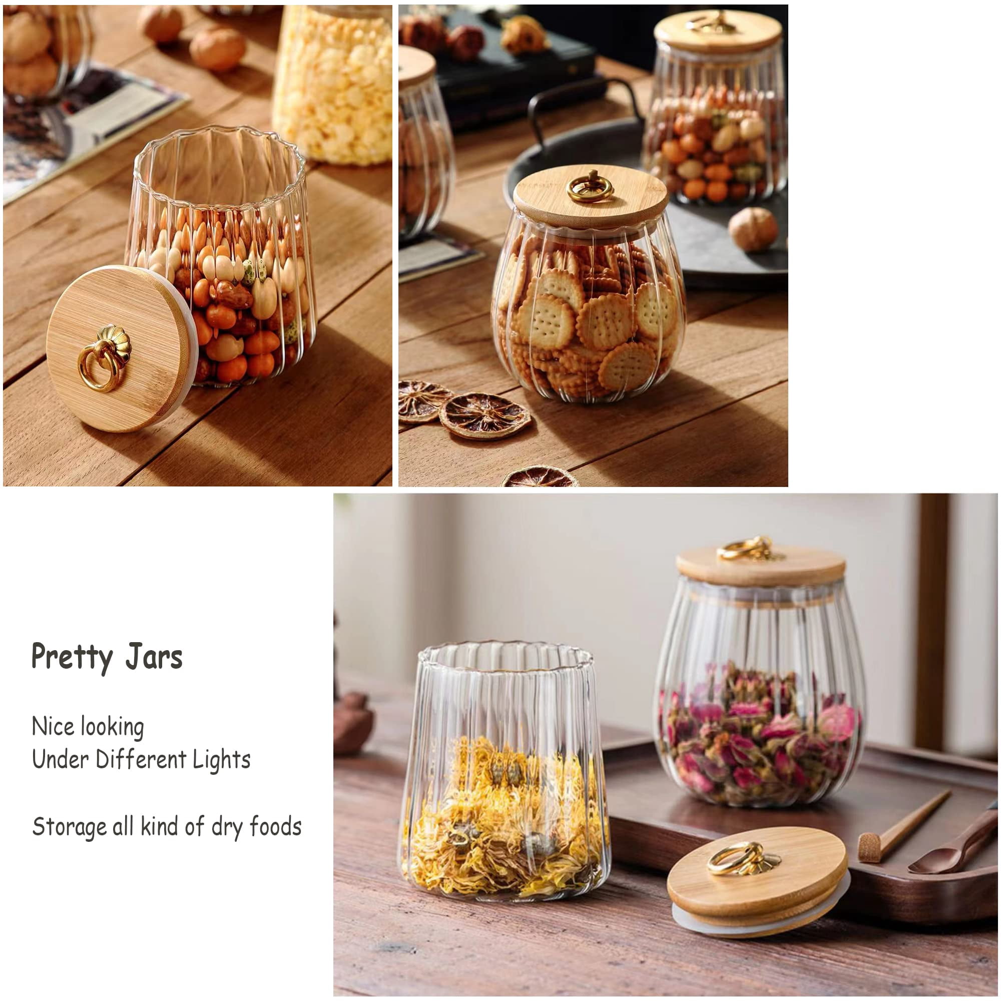 Glass Coffee Canister Airtight Container, Petal Design Storage Jar with Bamboo Lid and Metal Handle, 700ml Capacity, Clear