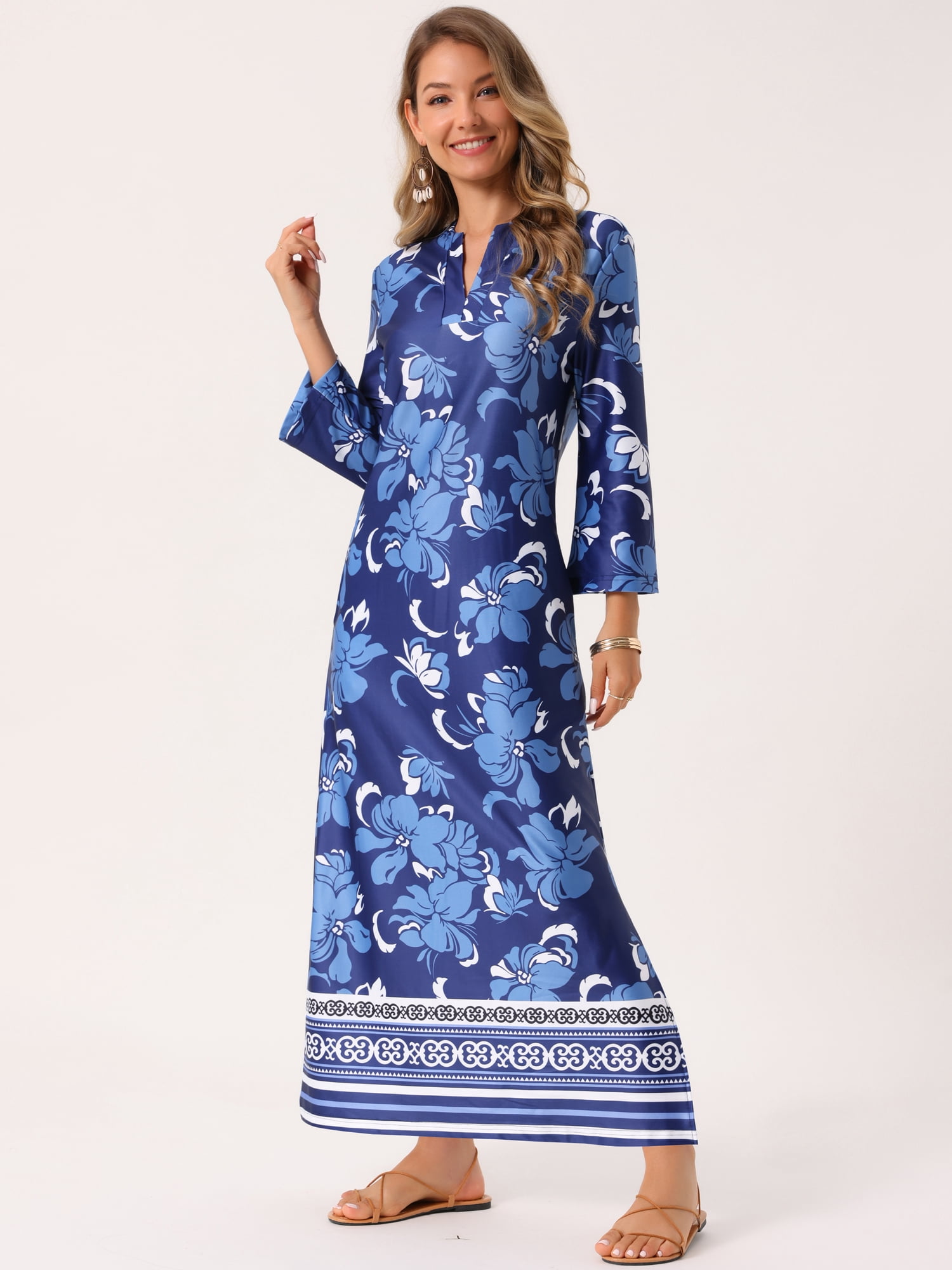 DARING DIVA Boho Long V Neck 3/4 Sleeve Side Slit Floral Maxi Dress L Dark Blue