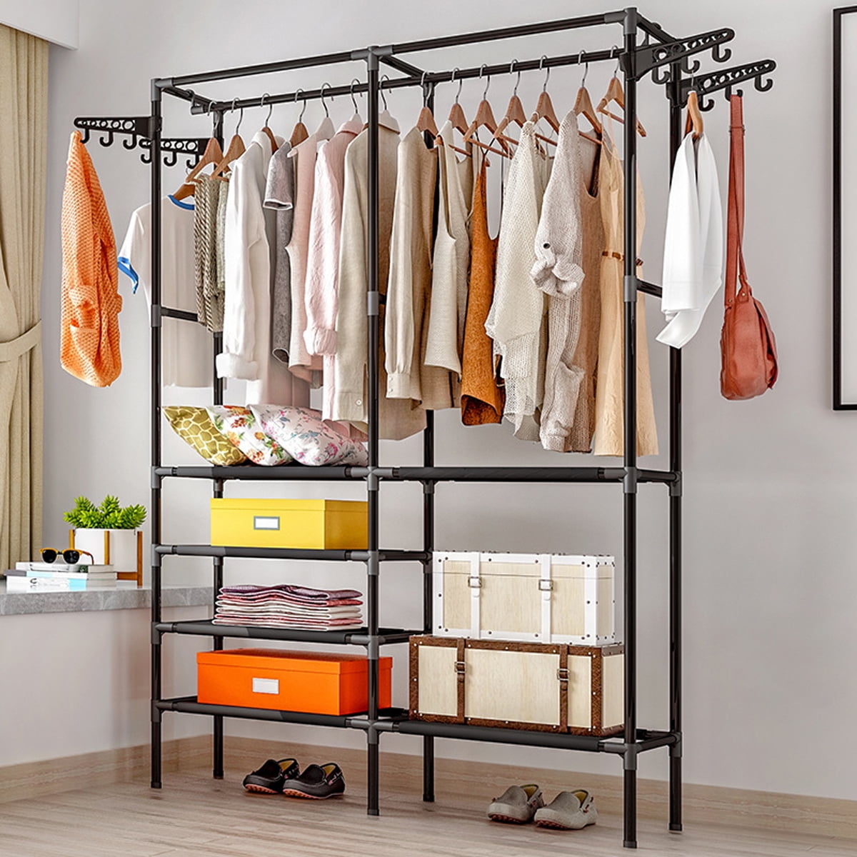 4 Side Hooks and Shoe Rack Storage Black for Bedroom DUMEE Free Standing Clothes Rail Heavy Duty Clothes Rack with 2 Tier Shelves Cabinet Wardrobe Closet Organzier