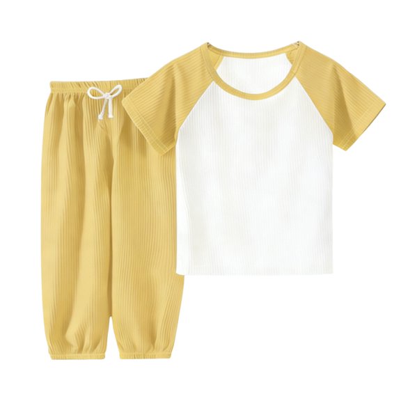 JOANKDMI 2 Piece Pjs Toddler Boys Girls Casual Outfits Short Sleeve Raglan Top and Ribbed Pants Set with Drawstring Lightweight Pj Lounge Wear Kids Summer Fall Clothes