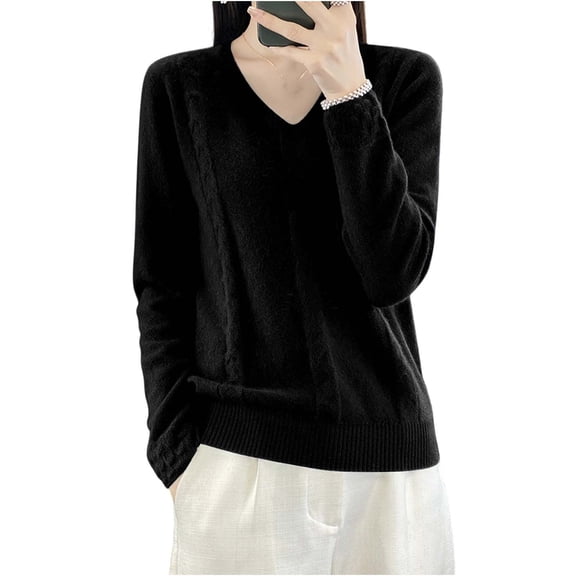 VSSSJ Womens V Neck Sweaters Loose Fit Soft Solid Color Long Sleeve Casual Warm Knit Fall Winter Base Layer Sweater Pullover Tops Black M