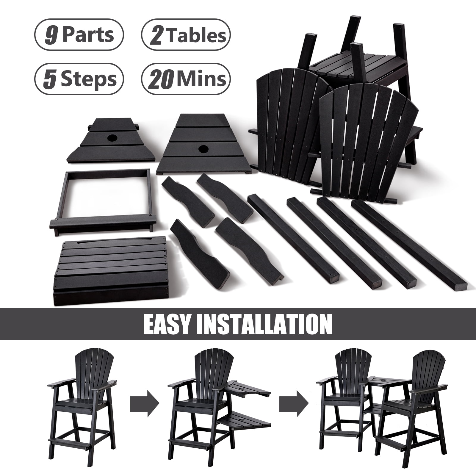 Tall Adirondack Chairs Set of 2，HDPE Outdoor Adirondack Barstools with Double Connecting Tray Patio Stools Weather Resistant for Outdoor Deck Lawn Pool Backyard,Black