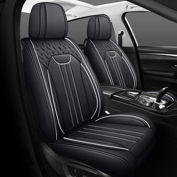 2-Seat Full Set Faux Leather Car Seat Covers, Waterproof Full-Coverage Seat Protectors, Airbag Compatible, Universal Fit for Cars, Sedans, SUVs and Trucks, Black with Gray Trim